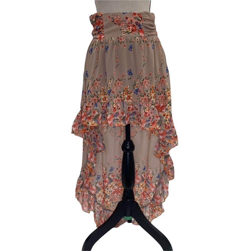 MILLAU Tan Multicolored Floral Print High Low Asymmetrical Ruffled Skirt